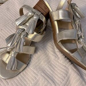 crown and block heels, sandals tassels color is actually champagne